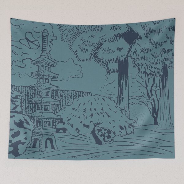 Item preview, Japanese Garden with Pagoda Linocut Print - Dusk + Peacock designed and sold by Irene Estelle.