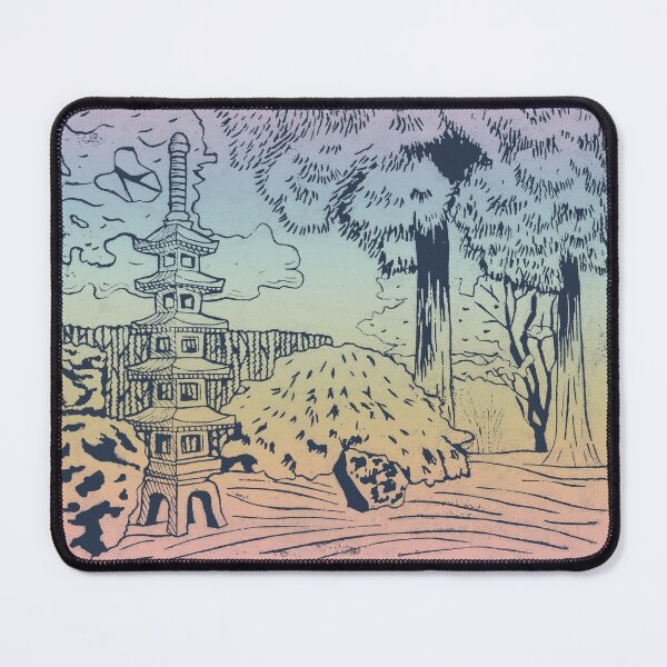 Item preview, Japanese Garden with Pagoda Linocut Print - Dusk + Rainbow Sorbet designed and sold by Irene Estelle.