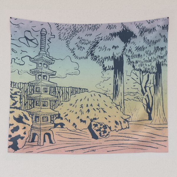Item preview, Japanese Garden with Pagoda Linocut Print - Dusk + Rainbow Sorbet designed and sold by Irene Estelle.