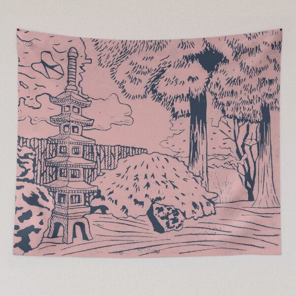 Item preview, Japanese Garden with Pagoda Linocut Print - Dusk + Rose designed and sold by Irene Estelle.