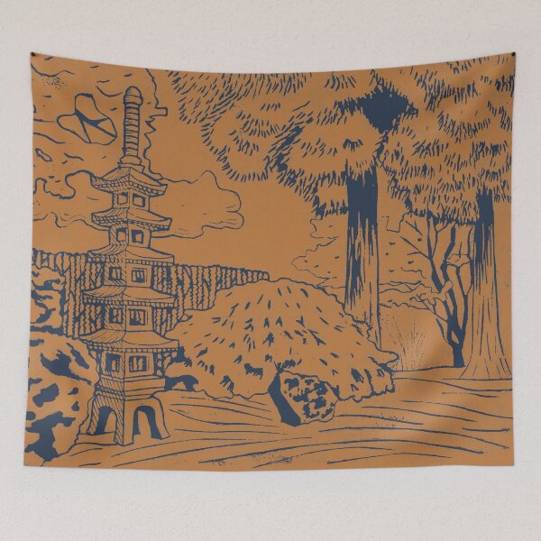 Item preview, Japanese Garden with Pagoda Linocut Print - Dusk + Rust designed and sold by Irene Estelle.
