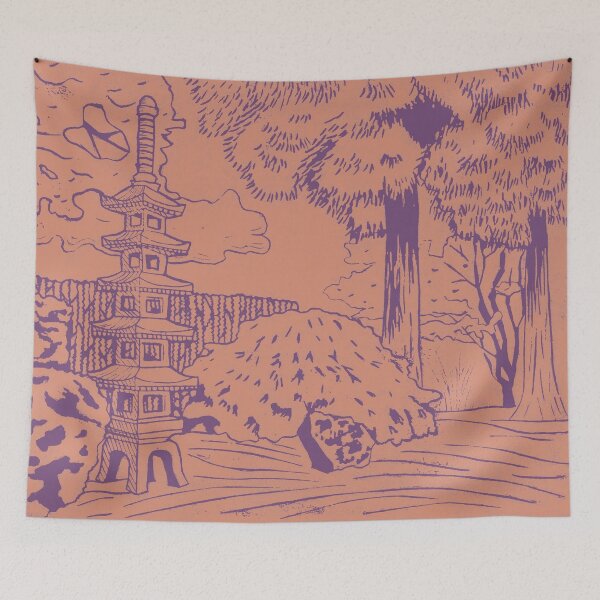 Item preview, Japanese Garden with Pagoda Linocut Print - Plum + Coral designed and sold by Irene Estelle.