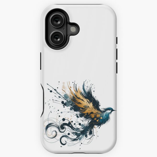 blau goldender Vogel im Ink-Art Style, schwungvoll auf den Flügeln eines magischen Wesen iPhone Robuste Hülle