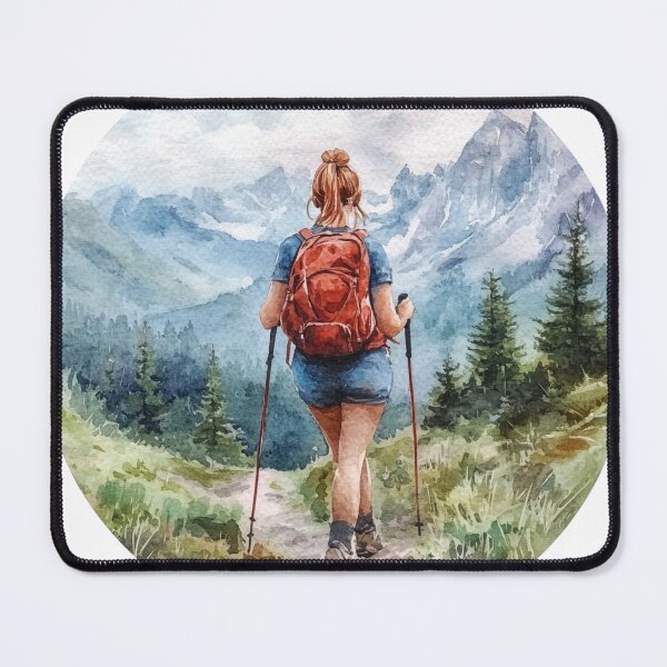Item preview, Watercolor Girl Hiking In Mountains designed and sold by NicolasGlowArt.