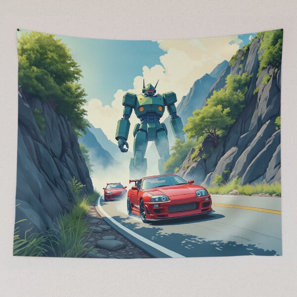 Item preview, Japanese Race Cars Drifting Past a Giant Robot - Car Culture designed and sold by Design Raptor.