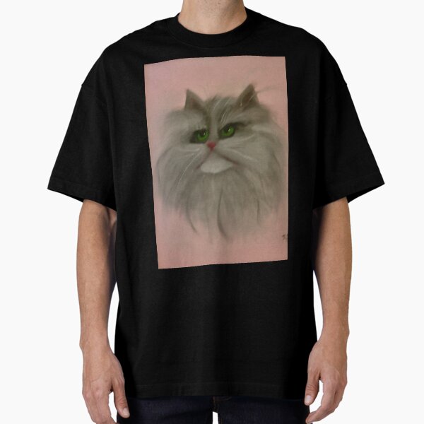 Grey Long Haired Grumpy Cat with Piercing Green Eyes Oversized T-Shirt