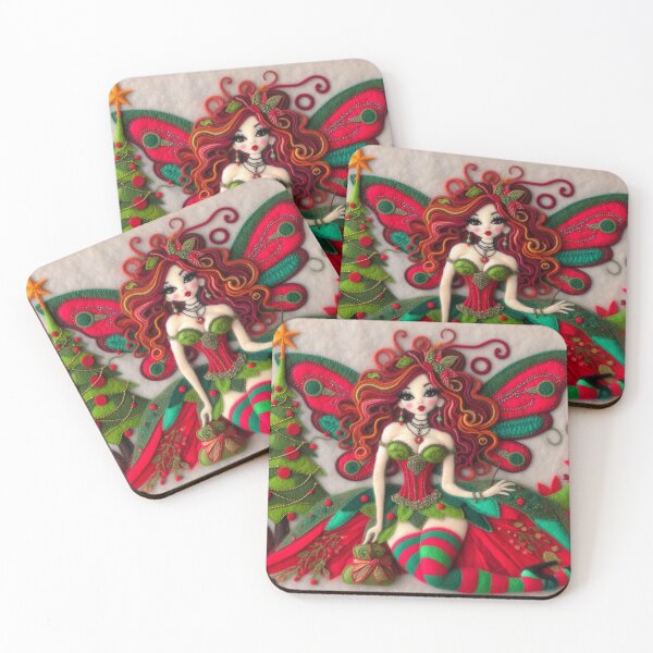 Item preview, Red and Green Christmas Burlesque Fairy Elf with Tree designed and sold by FairytalePress.