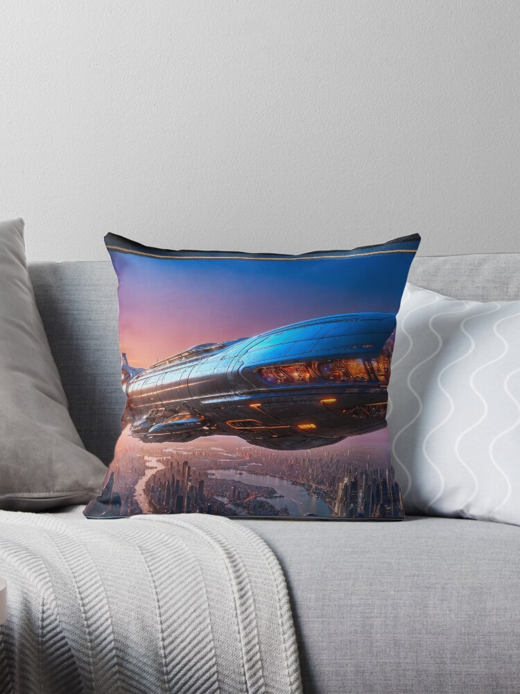 Tourlan Shuttle Futuristic Airship Over Modern Metropolis At Sunset AI Concept Art by Xzendor7 - Stunning Technological Innovation 4 Tourlan Shuttle Futuristic Airship Over Modern Metropolis At Sunset Striking AI Concept Art by Xzendor7 Decorative Art Print Throw Pillow