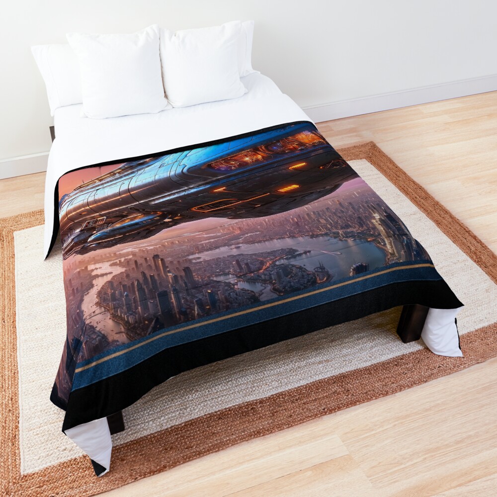 Tourlan Shuttle Futuristic Airship Over Modern Metropolis At Sunset AI Concept Art by Xzendor7 - Stunning Technological Innovation 3 Tourlan Shuttle Futuristic Airship Over Modern Metropolis At Sunset Striking AI Concept Art by Xzendor7 Decorative Art Print Comforter