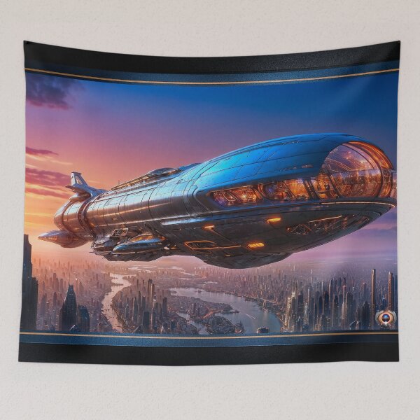 Item preview, Tourlan Shuttle Futuristic Airship Over Modern Metropolis At Sunset Striking AI Concept Art by Xzendor7 designed and sold by Xzendor7 Digital Art Creations.