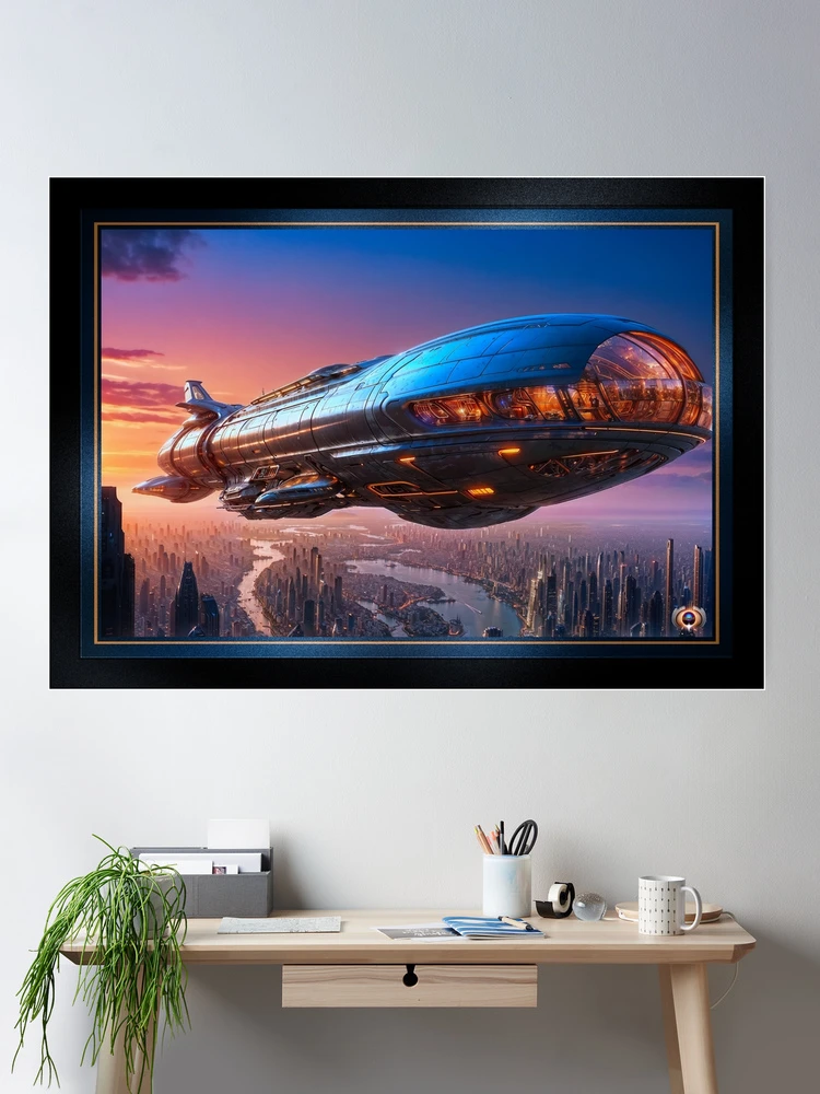 Tourlan Shuttle Futuristic Airship Over Modern Metropolis At Sunset AI Concept Art by Xzendor7 - Stunning Technological Innovation 2 Tourlan Shuttle Futuristic Airship Over Modern Metropolis At Sunset Striking AI Concept Art by Xzendor7 Wall Decor Poster Art Print
