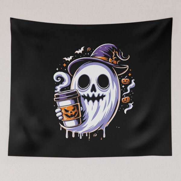 Item preview, Spooky Ghost with Witch Hat Enjoying Coffee - Halloween Design designed and sold by Tw1nsAIArt.