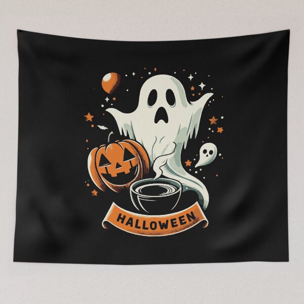 Item preview, Spooky Ghost with Witch Hat Enjoying Coffee - Halloween Design designed and sold by Tw1nsAIArt.