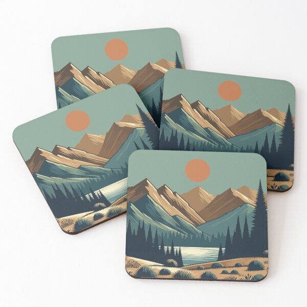 Item preview, Vintage Landscape Illustration of a Mountainous Scene with Pine Trees, a Serene Lake, and a Setting Sun designed and sold by Colorful Dreams.