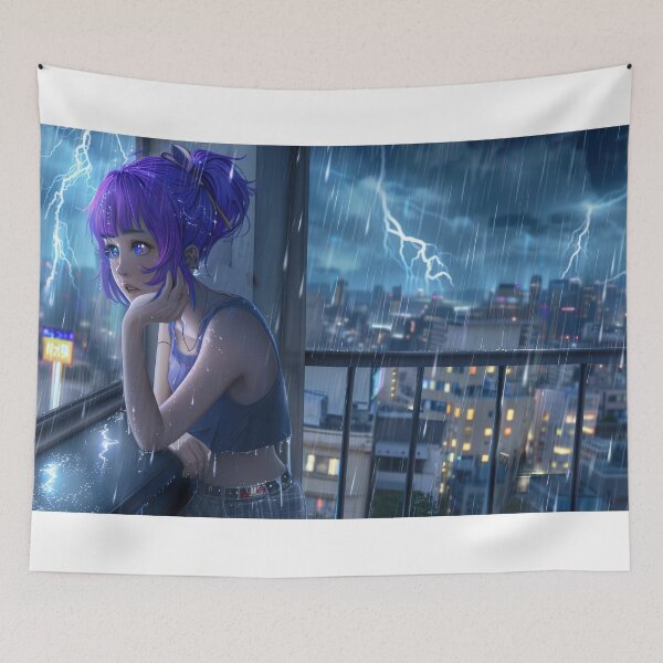 Item preview, Purple-Haired Anime Girl in Rainy Cityscape designed and sold by AI Gizmo.