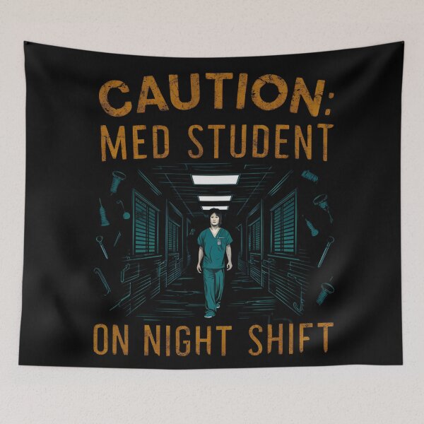 Item preview, caution, med student on night shift, funny med school and Halloween designed and sold by NoetherSym.