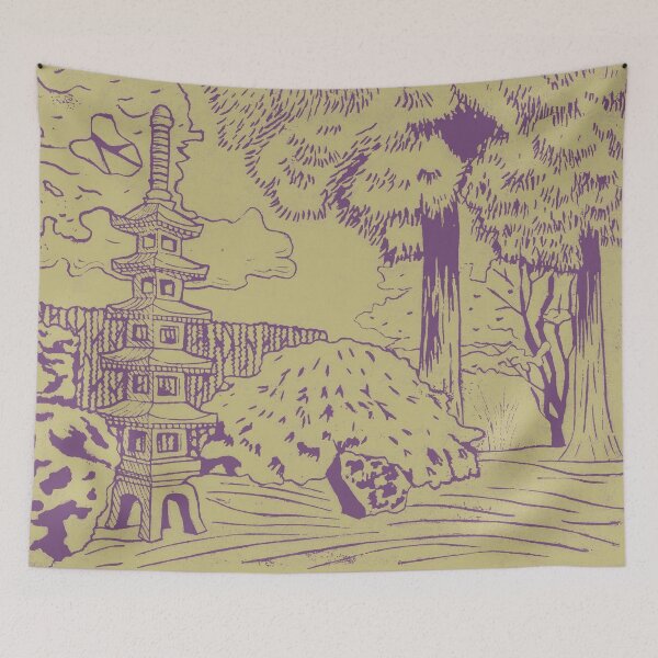 Item preview, Japanese Garden with Pagoda Linocut Print - Plum + Gold designed and sold by Irene Estelle.