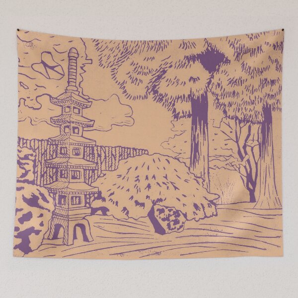 Item preview, Japanese Garden with Pagoda Linocut Print - Plum + Melon designed and sold by Irene Estelle.