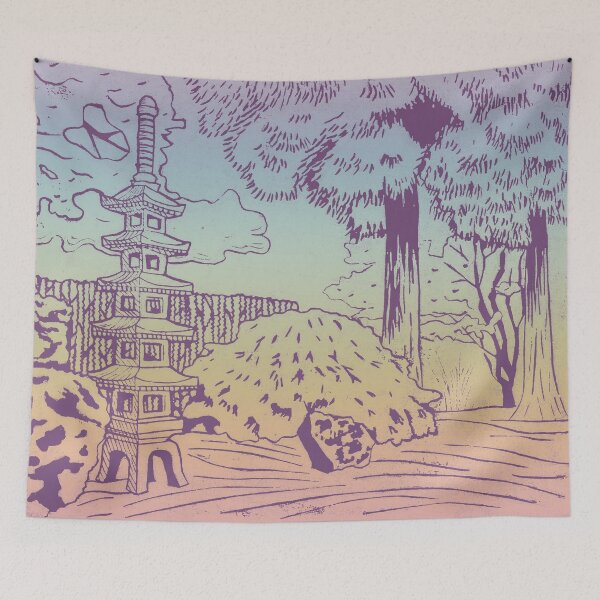 Item preview, Japanese Garden with Pagoda Linocut Print - Plum + Rainbow Sorbet designed and sold by Irene Estelle.
