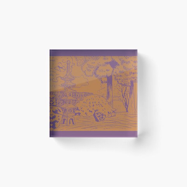 Item preview, Japanese Garden with Pagoda Linocut Print - Plum + Rust designed and sold by Irene Estelle.