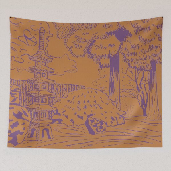 Item preview, Japanese Garden with Pagoda Linocut Print - Plum + Rust designed and sold by Irene Estelle.