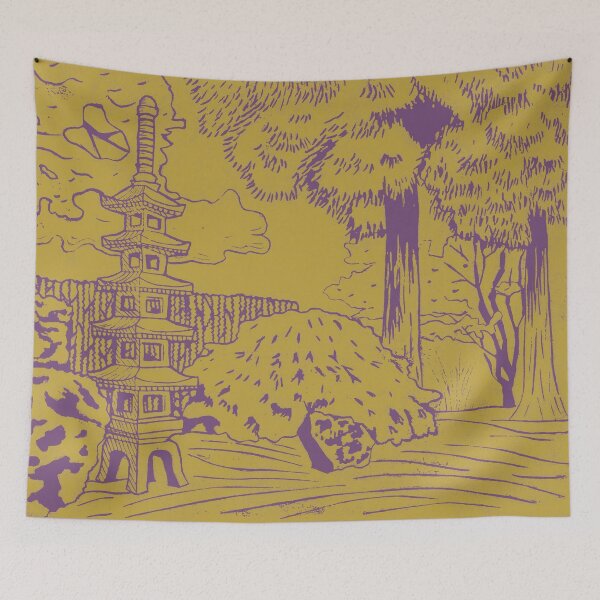 Item preview, Japanese Garden with Pagoda Linocut Print - Plum + Saffron designed and sold by Irene Estelle.