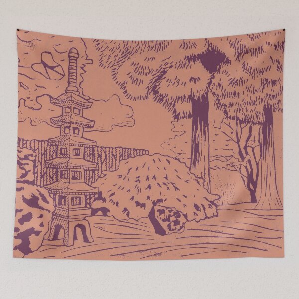 Item preview, Japanese Garden with Pagoda Linocut Print - Beet + Coral designed and sold by Irene Estelle.
