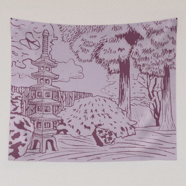 Item preview, Japanese Garden with Pagoda Linocut Print - Beet + Dust designed and sold by Irene Estelle.