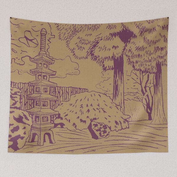 Item preview, Japanese Garden with Pagoda Linocut Print - Beet + Fawn designed and sold by Irene Estelle.