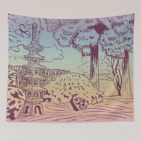Item preview, Japanese Garden with Pagoda Linocut Print - Beet + Rainbow Sorbet designed and sold by Irene Estelle.