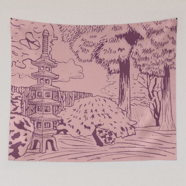 Item preview, Japanese Garden with Pagoda Linocut Print - Beet + Rose designed and sold by Irene Estelle.