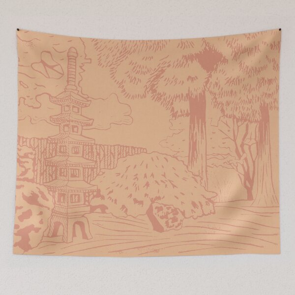 Item preview, Japanese Garden with Pagoda Linocut Print - Coral + Melon designed and sold by Irene Estelle.