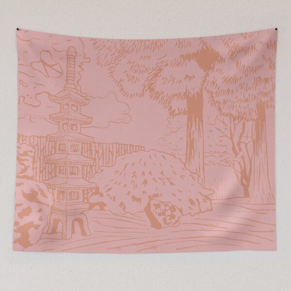 Item preview, Japanese Garden with Pagoda Linocut Print - Coral + Rose designed and sold by Irene Estelle.