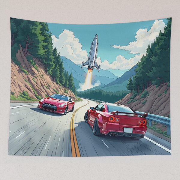 Item preview, Japanese Race Cars Drifting Past a Rocket Launch - Car Culture designed and sold by Design Raptor.