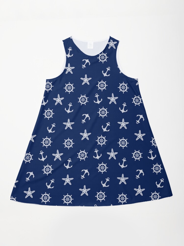 Navy Blue Nautical Anchor Pattern Anchor A-Line Dress