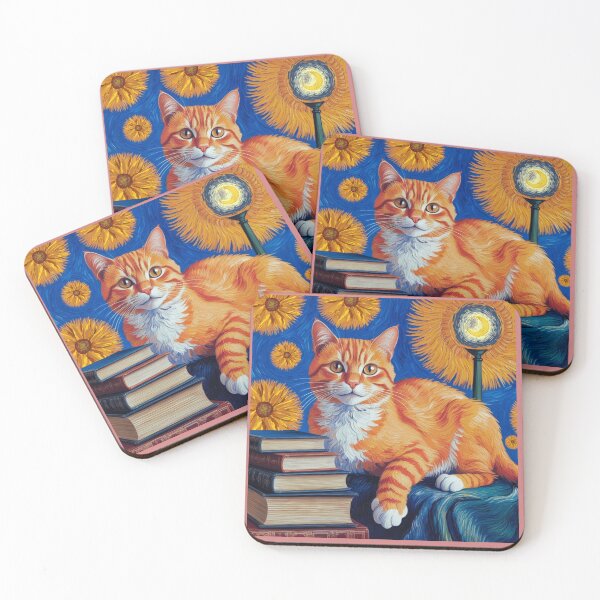 Item preview, Cat starry night reading books in vangogh theme pillow , portrait and sticker for cat lovers designed and sold by puurfectcat.