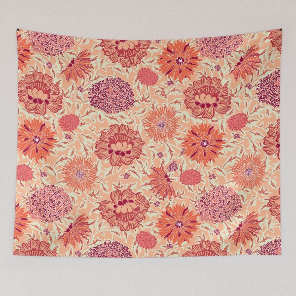Item preview, Retro Chrysanthemums, Red on coral background designed and sold by Alex  Blud.