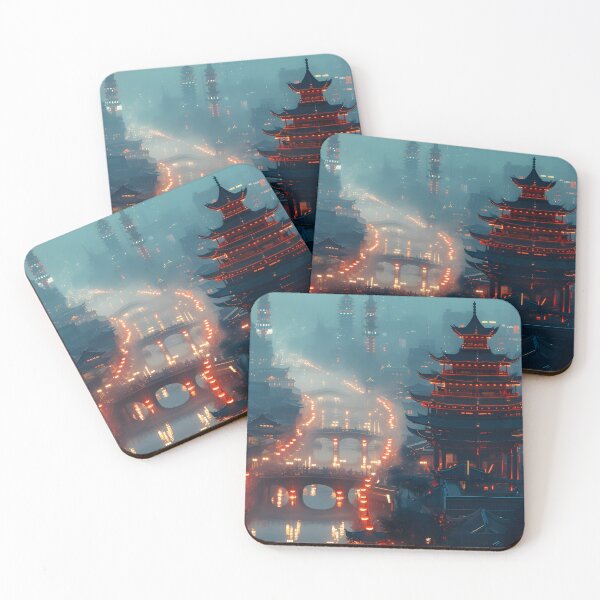 Item preview, Nightscape with illuminated traditional pagodas and bridges designed and sold by Artessie.
