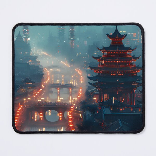 Item preview, Nightscape with illuminated traditional pagodas and bridges designed and sold by Artessie.