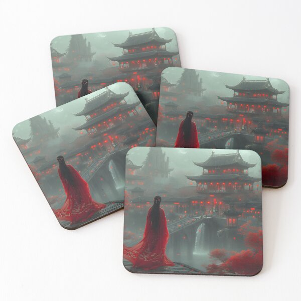 Item preview, Woman in red dress stands before a misty pagoda village designed and sold by Artessie.
