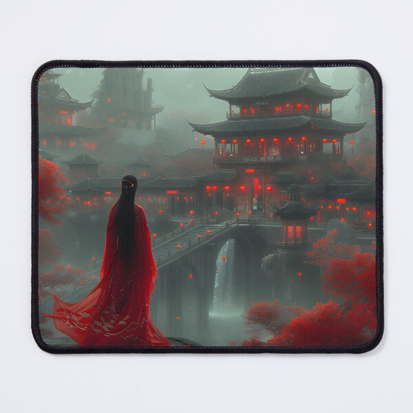 Item preview, Woman in red dress stands before a misty pagoda village designed and sold by Artessie.