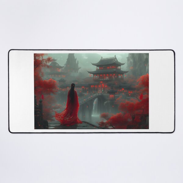 Item preview, Woman in red dress stands before a misty pagoda village designed and sold by Artessie.