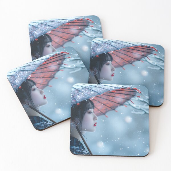 Item preview, Person with red umbrella standing in snow-covered landscape designed and sold by Artessie.