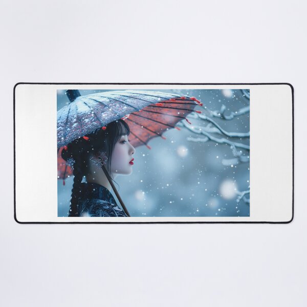 Item preview, Person with red umbrella standing in snow-covered landscape designed and sold by Artessie.