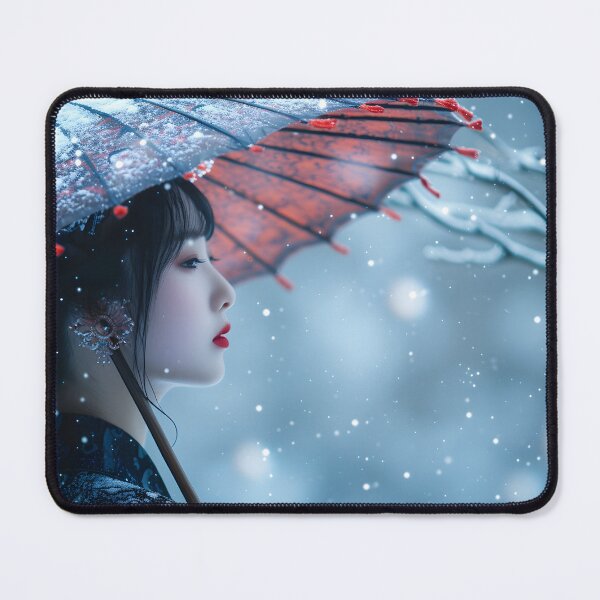 Item preview, Person with red umbrella standing in snow-covered landscape designed and sold by Artessie.