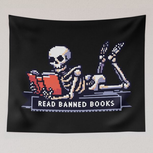 Item preview, Read Banned Books Skeleton Pixel Art designed and sold by TomFrontierArt.