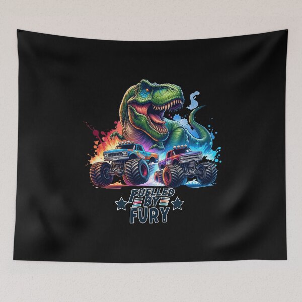 Item preview, Fuelled by fury – T-Rex Chasing Monster Trucks Design for T-Shirts, Stickers, & Mugs designed and sold by artedigital99.
