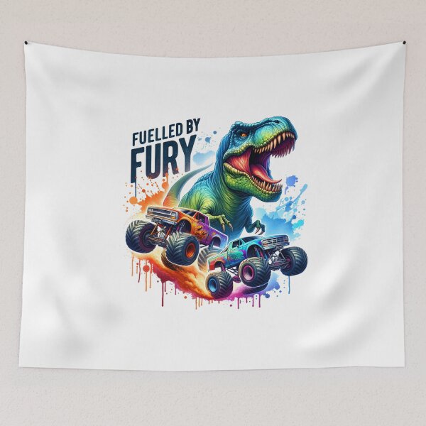 Item preview, Fuelled by fury – T-Rex Chasing Monster Trucks Design for T-Shirts, Stickers, & Mugs designed and sold by artedigital99.