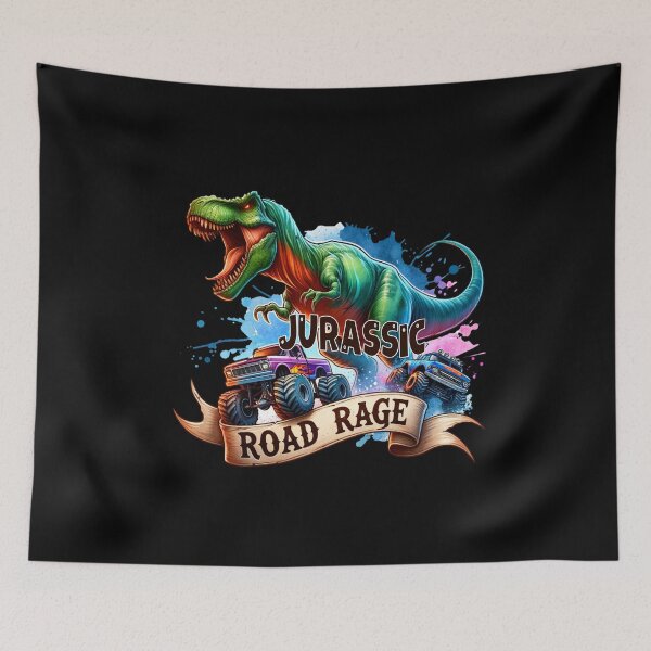 Item preview, Jurassic Road Rage – T-Rex Chasing Monster Trucks Design for T-Shirts, Stickers, & Mugs designed and sold by artedigital99.