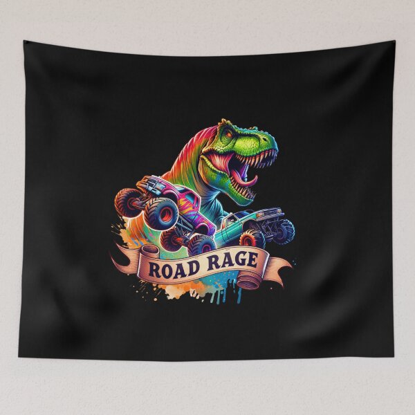 Item preview, "Fury Unleashed – T-Rex Chasing Monster Trucks Art for Apparel & Accessories" designed and sold by artedigital99.
